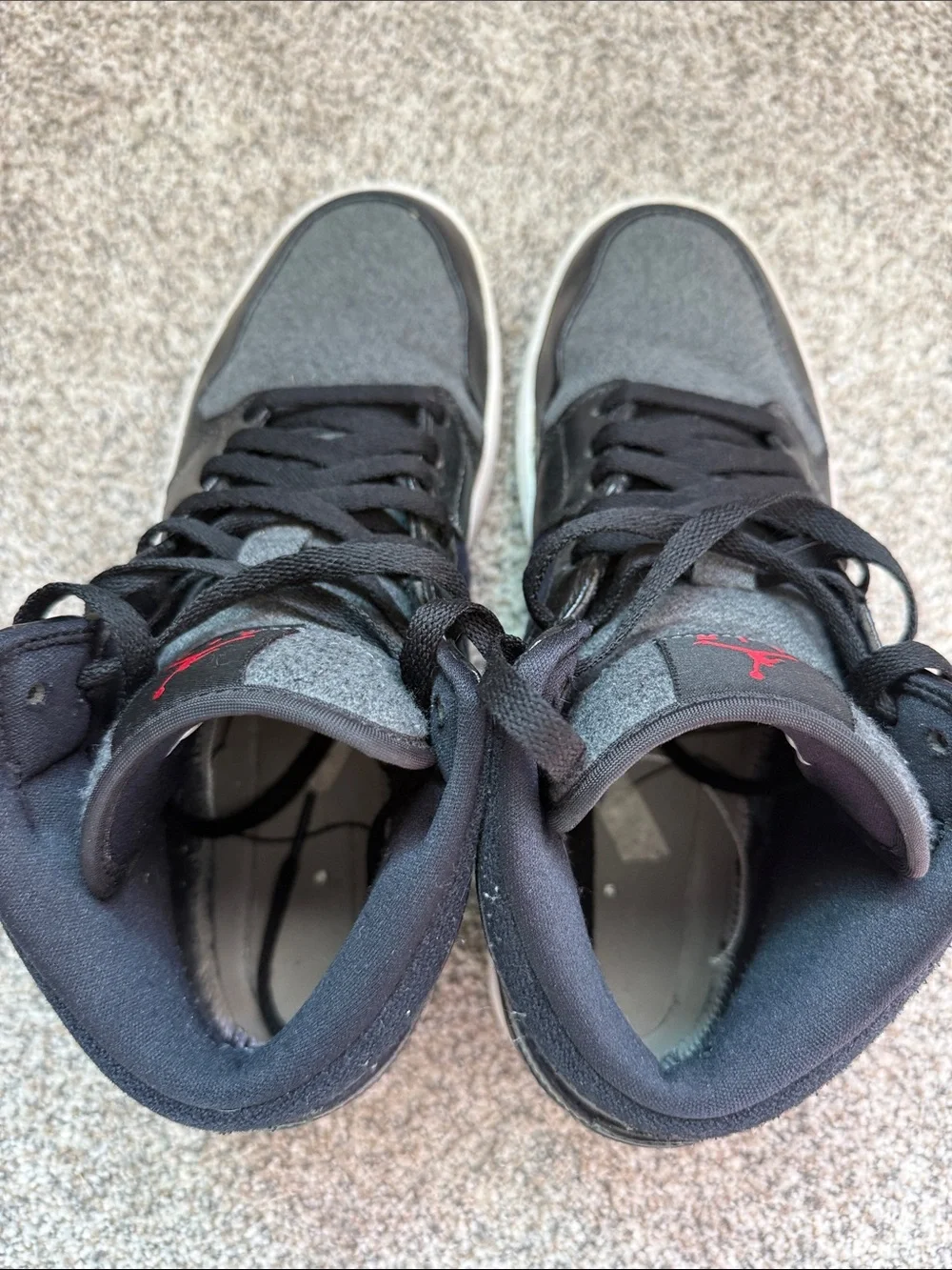 Jordan 1 Mid-Top Sneakers in Black, Gray & Red Jump man